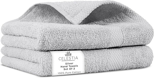 100% Cotton Hand Towel Set of 2, (16 x 28 inches) Sustainable, Soft, Highly Absorbent, Quick Drying, Combed Cotton Hand Towels Pack of 2 Ideal for Hotels, Spa, Bathroom, Dorm, Silver