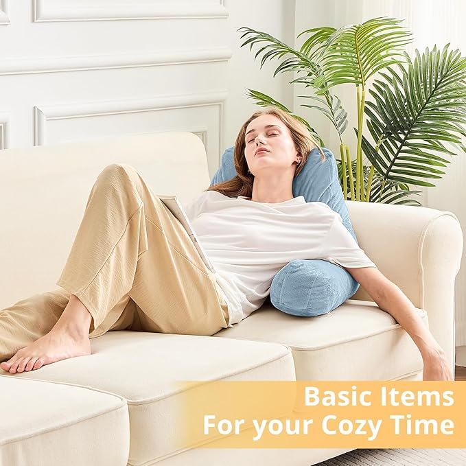 Sasttie Reading Pillow, Velvet Back Pillow for Bed Sitting Up, Adult Back-Rest Support Cushion with Arms for Sit Up on Couch, Sofa, and Floor, Dorm Essentials, Reading Accessories, Dusty Blue