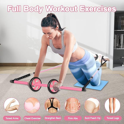 Pilates Bar Kit with Resistance Bands,Ab Roller,2 in 1 Foot Strap & Handle,Door Anchor Pilates Equipment with Resistance Bands, Portable Home Gym Yoga Fitness Bar for Women & Men