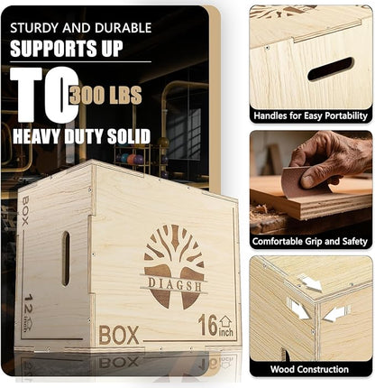 Plyo Box - 3-in-1 Wood Plyometric Jump Platform (20"x16"x12") for Home Gym Training - Ideal for Jumps, Squats & Conditioning-1 Piece