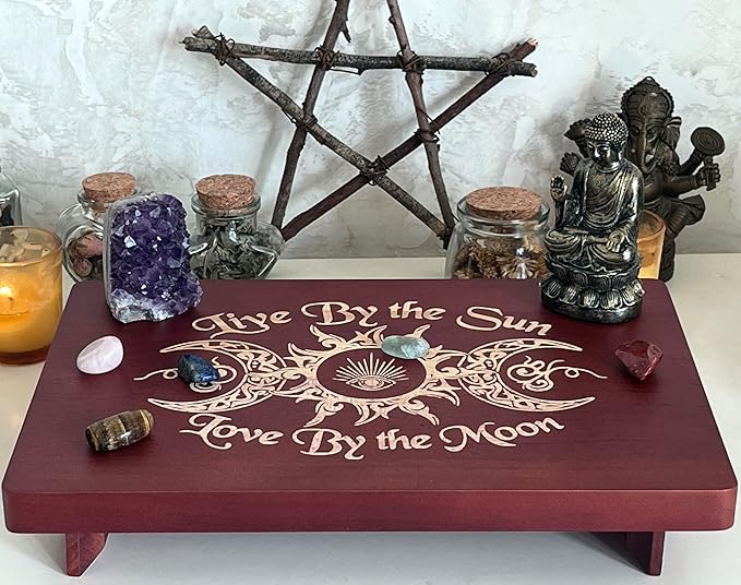 Altar Table, Meditation Table, Small Altar Table, Wooden Witch Altar, Wiccan Alter Table, Buddhist Shrine, Engraved Triple Goddess on Table Top, 12 × 8 inches