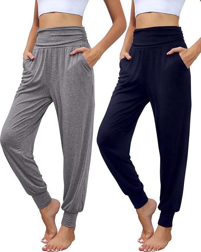 2 Pack Women's Yoga Joggers, Cozy Sweatpants with Pockets Casual Loose Comfy High Waisted Lounge Pants