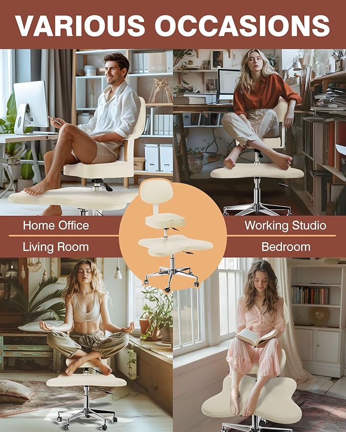 PYY Cross Legged Office Chair - ADHD Chairs for Adults Meditation with Wheels, Kneeling Chair Adjustable Height Ergonomic Fidget Squatting for Home and Office White