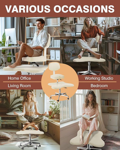 PYY Cross Legged Office Chair - ADHD Chairs for Adults Meditation with Wheels, Kneeling Chair Adjustable Height Ergonomic Fidget Squatting for Home and Office White