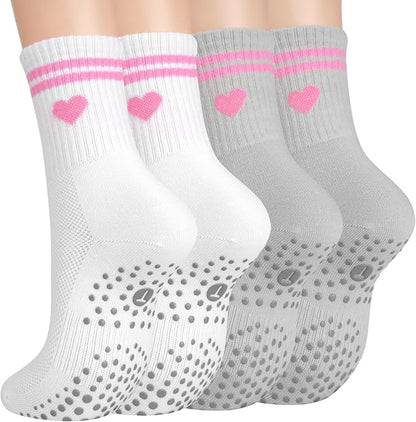 Toes Home Pilates Socks for Women with Non Slip Grippers, Yoga Crew Socks for Barre Hospital Sticky Slipper Socks 4 Pairs