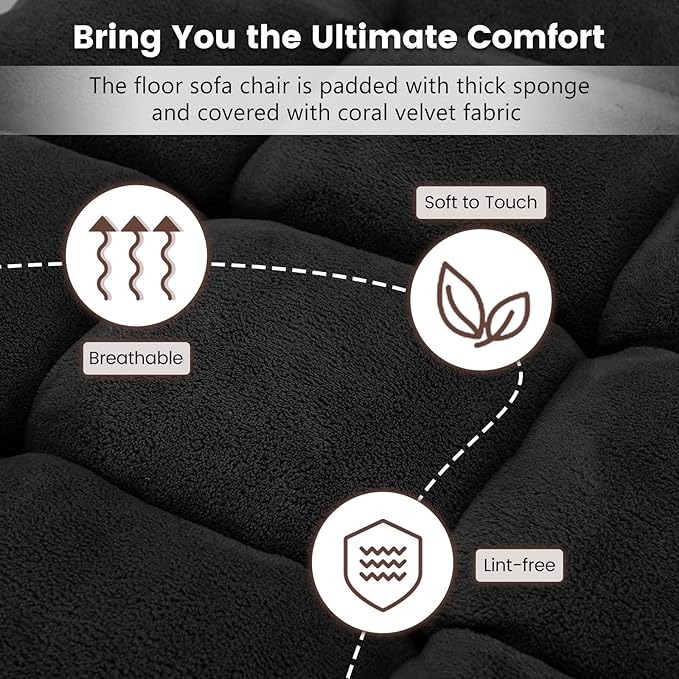 Moccha 14-Position Floor Chair, Folding Sofa Chair with Back Support, Memory Foam Floor Gaming Chairs for Adults, Adjustable Padded Couch Recliner Sleeper Bed for Reading, Meditating, Black
