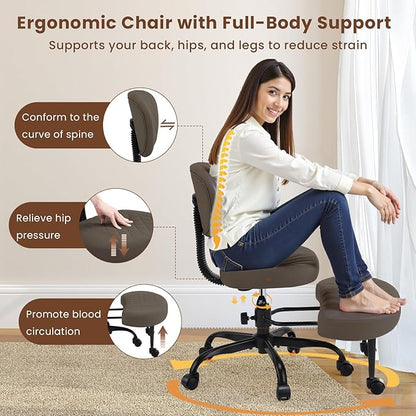 Cross Legged Office Chair with Wheels, Wide Criss Cross Kneeling Home Office Desk Chairs with Back Support, Ergonomic Adjustable Height ADHD Stool with Rotating Footrest for Yoga Meditation