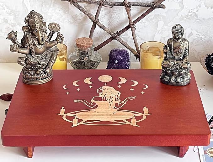 Altar Table, Meditation Table, Small Altar Table, Wooden Witch Altar, Wiccan Alter Table, Buddhist Shrine, Engraved Witch Pentacle with Surrounding Candles on Table Top, 12 × 8 inches