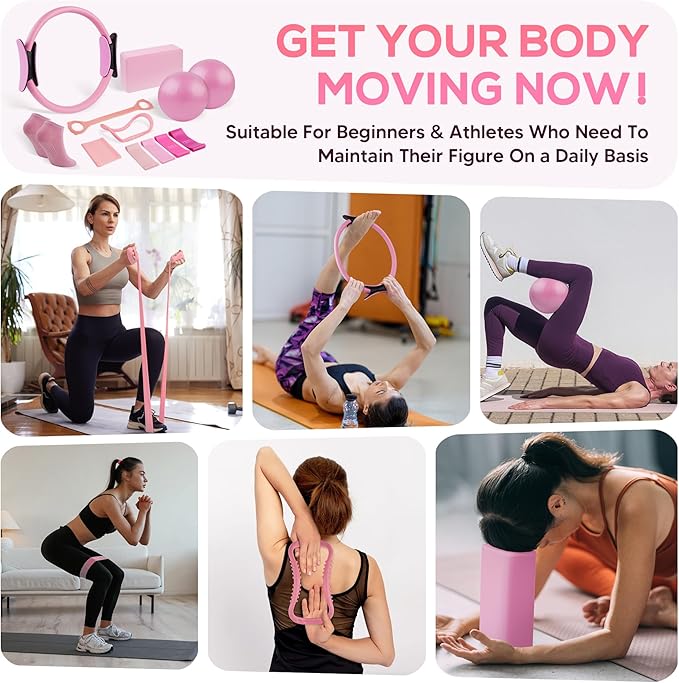 Pilates Ring Essentials Kit for Women,Home Fitness Equipment Sets with 12''Pilates Ring,2 Pilates Ball,Yoga Brick,Elastic Band & Other Accessories Suitable for Exercise & Shape Up-13PCS