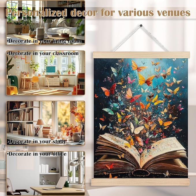 Colorful Butterfly Book Canvas Wall Art Poster, Reading Nook Corner Decor, Vintage Fantasy Bookish Wall Decor Prints for Library Reading Room Classroom Home, 12x16 Inches