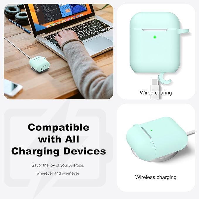 R-fun Compatible with AirPods Case Cover, Soft Silicone Protective Cover with Keychain for Women Men Compatible with Apple AirPods 2nd 1st Generation Charging Case, Front LED Visible,Turquoise