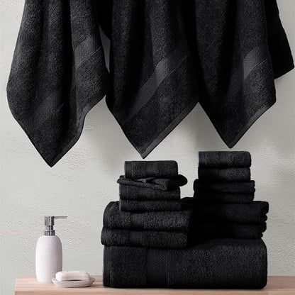 Lane Linen 100% Cotton Bathroom Towel Set - 24 Pc - Durable & Absorbent, Super Soft, Daily Use, Machine Washable - 2 Bath Sheet, 4 Bath, 4 Fingertip, 6 Hand, 8 Washcloth - For Boys, Gym & Dorm - Black