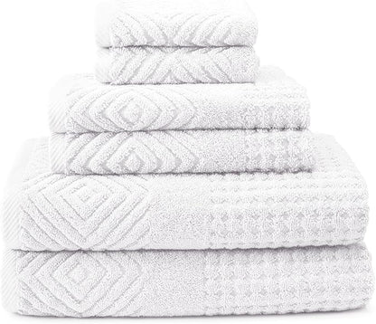 Texere 100% Organic Cotton Diamond Jacquard 700 GSM Luxury Bath Towel Sets, Soft and Absorbent Hotel Quality, Bath Towels, Hand Towels, Washcloths (Diamond, Bright White, 6 Piece)