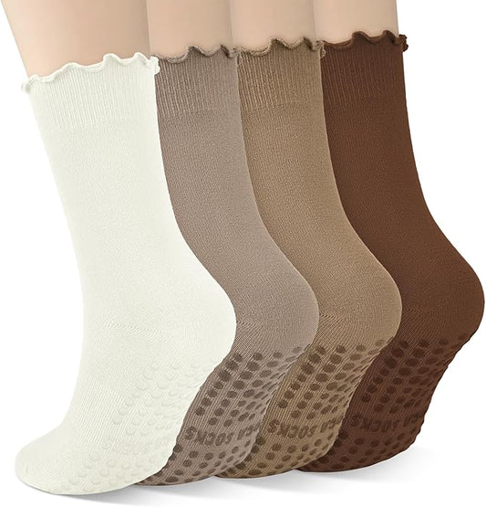 4 Pairs Pilates Socks with Grips for Women Yoga Ruffle Cute Grip Socks Pilates Non Slip Crew Ballet Hospital Workout