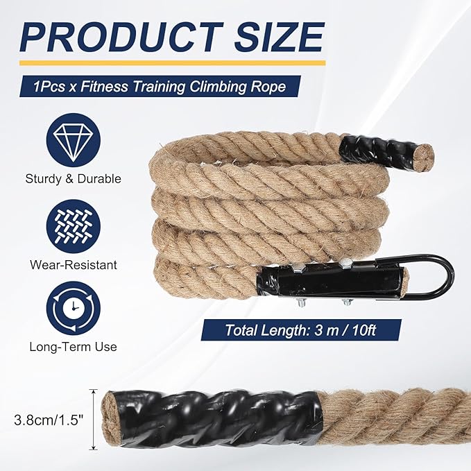 MECCANIXITY Climbing Rope 10ft x 1.5", Gym Climbing Rope Thick Twine Ropes Jute Natural Brown Burlap Cord String Heavy Twisted for Workout Rock Exercise Indoor Outdoor Fitness Training