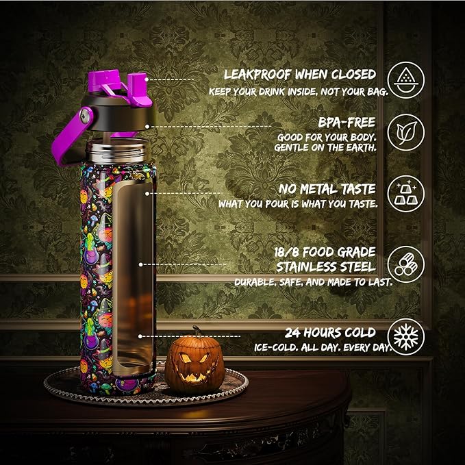 Halloween Insulated Water Bottle with Straw, Stainless Steel Water Bottle, Leak Proof BPA-Free, Keeps Cold for 24 Hours for Sports, Skull Spooky Holiday Gifts (26 oz, Meowgic Night)