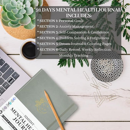 Mental Health Journal, 91-Day Self Care Journal for Women Men, Guided Anxiety & Stress Relief Journal with Mood Tracker, Cognitive Behavioral Therapy Journaling with Mental Health Coloring Pages & Dream Log