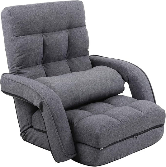 FLOGUOR 14-Position Adjustable Floor Chair, Chaise Lounge Indoor, Folding Lazy Sofa with Armrests and a Pillow Padded Adults Gaming Chairs for Living Room, Bedroom Factory Price,8803 (Grey)