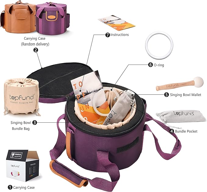 TOPFUND 440 Hz Violet B Note Crystal Singing Bowl Crown Chakra 8 Inch with Heavy Duty Carrying Case and Suede Mallet