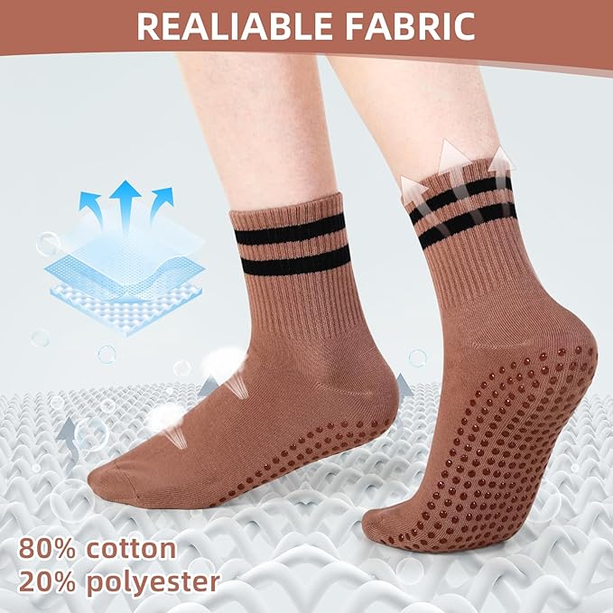 Jeyiour 4 Pairs Womens Pilates Socks with Grip Long Non Slip Yoga Crew Socks for Barre Hospital Home Workout