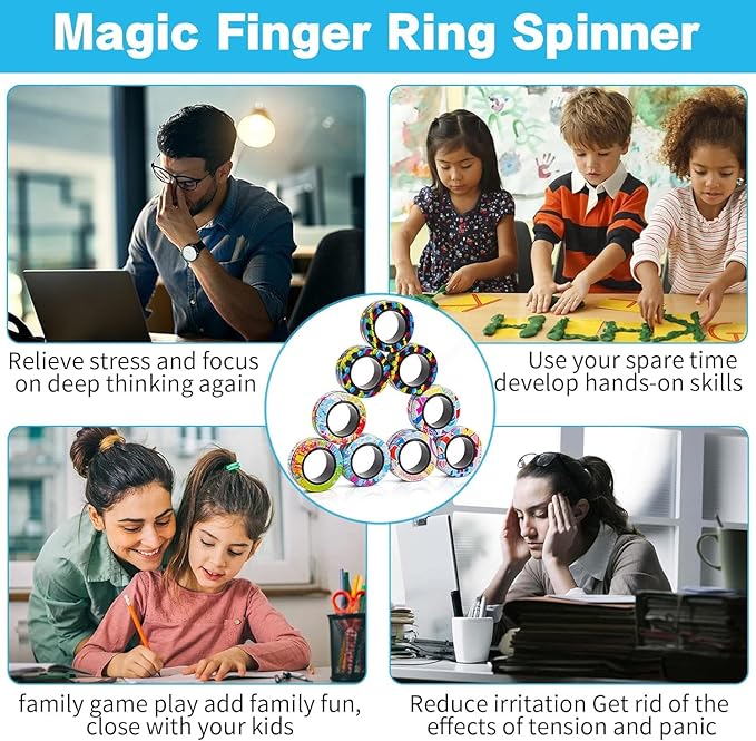 12Pcs Magnetic Rings Fidget Toys Spinner Set Easter Basket Stuffers,Finger Magnet Rings Endless Hours of Fun ADHD Stress Relief Fidget Spinner for Relieve Anxiety Birthday for Adults Teens Kids