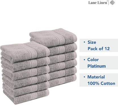 LANE LINEN 100% Cotton Wash Cloths - 12 Pcs - Spa & Salon Quality - Ring Spun Cotton Face Cloths - Soft & Absorbent Washcloths for Body, Beauty, Home, Gym - Fingertip Towels Set - 13"x13", Platinum