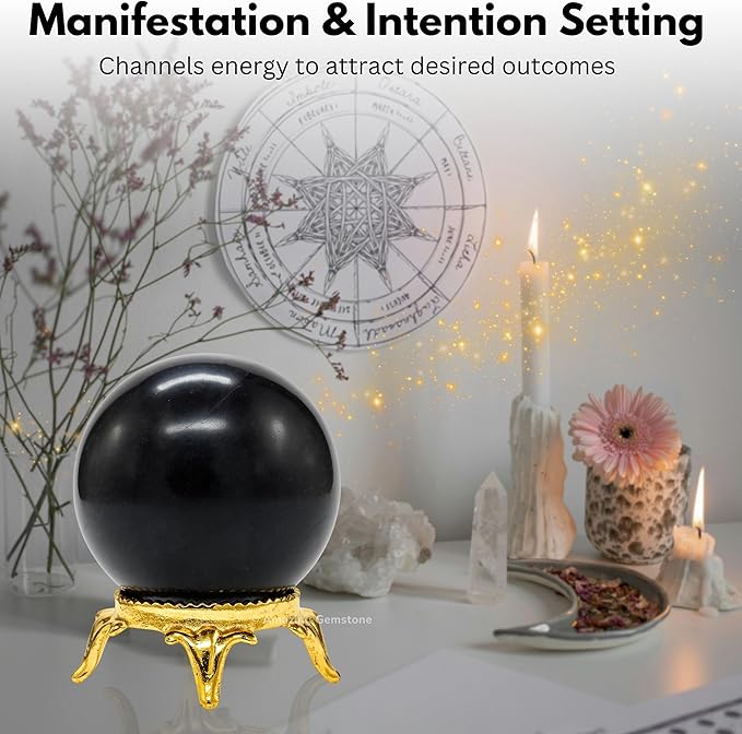 Amazing Gemstone Shungite Crystal Ball with Stand - 2 Inches Crystal Sphere Meditation Balls for Witchcraft and Decorative Balls
