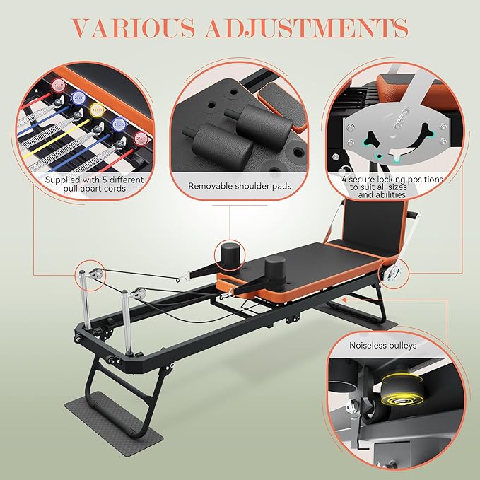 Pilates Reformer,Foldable Pilates Machine for Home Use and Gym Workout,Suitable for Advanced and Beginners Users ,Pilates Equipment with 4 Springs&5 Resistance Cords