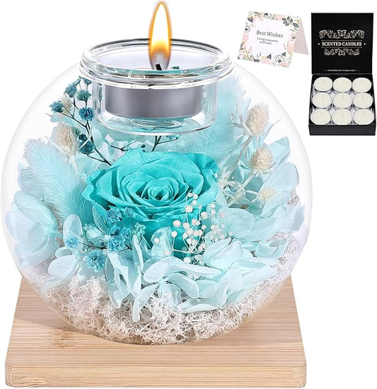 Preserved Roses - Birthday Gifts for Her, Preserved Flower in Glass Dome with Scented, Romantic Gifts for Women, Wife, Girlfriend on Birthday, Wedding Anniversary, Thanksgiving Day, Christmas Day-Cyan