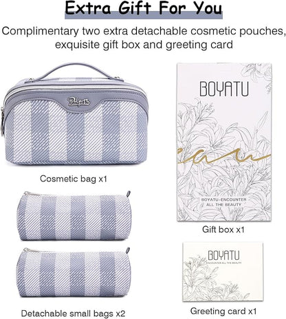 BOYATU Travel Makeup Bag Organizer Cosmetic Bag: 3 Pcs Set Make up Bags for Women with Handle - Waterproof Vegan Leather Toiletry Bags Travel Essentials Pouch with Compartments (F-05-Blue)
