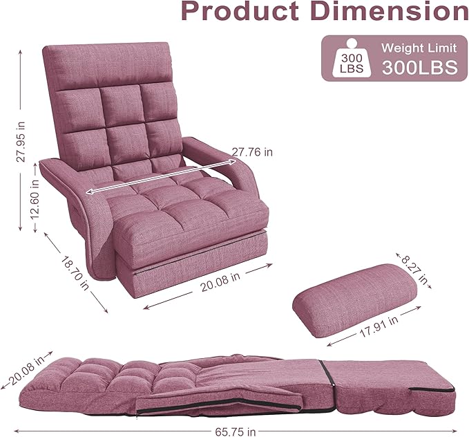 Adjustable Floor Gaming Chair for Adults, 6-Position Chaise Lounge Chair with Meditation Arm, Foldable Lazy Sofa with Pillow, Comfy Chair Indoor for Bedroom Dorm Living Room, Purple