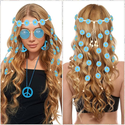 6 Pcs Hippie Costume Accessories Set, Flower Hippie Headband Boho Peace Sign Necklace Earrings Sunglasses Bracelet