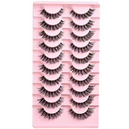 Lashes False Wispy Eyelashes Natural Cat Eye Lash Strips 10 Pairs Fake Mink Eyelash Pack 9-14mm Natural Look Fluffy Strip Lashes Clear Band Easy Eyelashes for Beginners with Cluster Looking