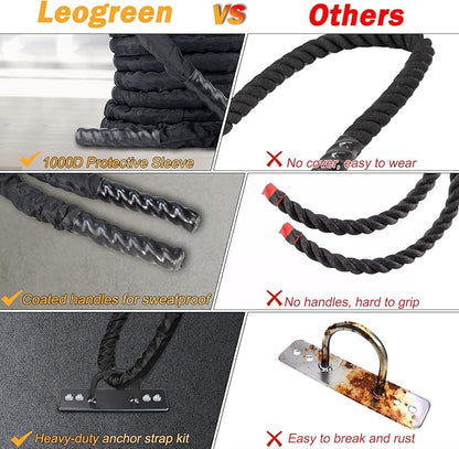 Leogreen 1.5" 30ft Heavy Battle Rope, Exercise Training Rope with Anchor Strap and Wall Mount Bracket Kit, Workout Rope with Protective Sleeve for Home Gym Cardio, Core Strength Training, Black