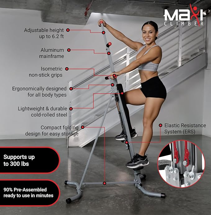 MaxiClimber 2.0 Vertical Climber ERS (Elastic Resistance System) - Easy to Assemble, Folding Exercise Machine Combines Cardio & Strength Training for a Low Impact, Full Body Workout - Free Fitness App