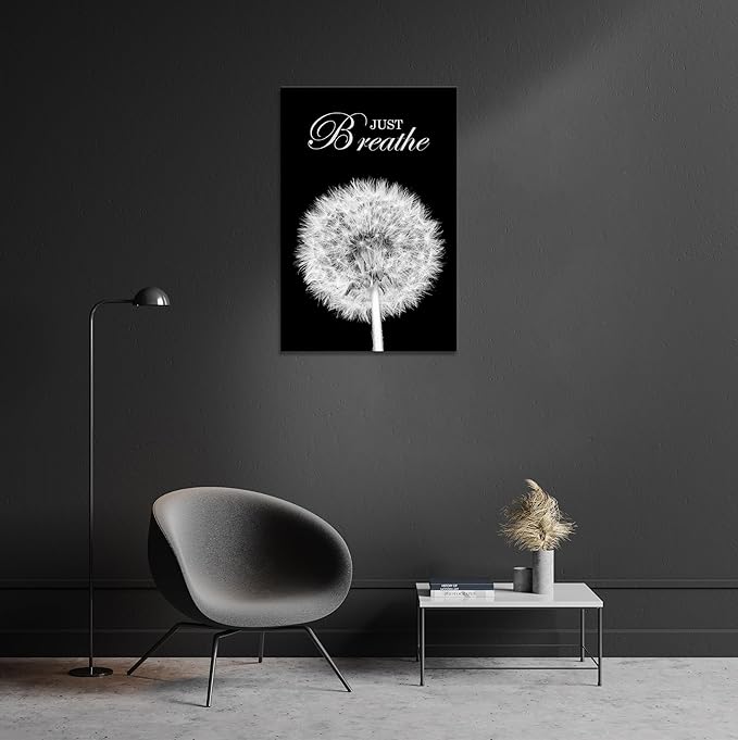 YIOZHAOFH Black Dandelion Picture Artwork Bedroom Decoration Just Breathe Canvas Painting Photo Relaxing Meditation Art Wall Decor Framed for Home Room Office Dorm (20L x 30W)