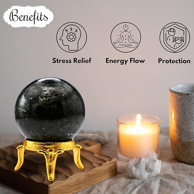 Amazing Gemstone Nuummite Crystal Ball with Stand - 2" Inches Crystal Sphere Meditation Balls for Witchcraft and Decorative Balls