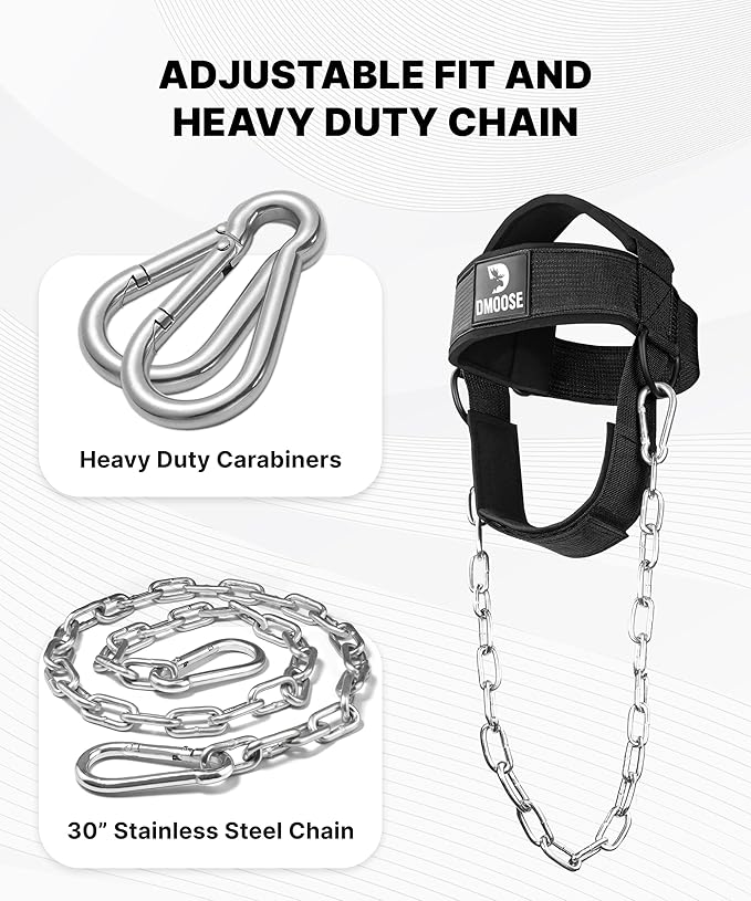 DMoose Fitness Neck Harness for Weight Lifting - Soft Padded Head & Chin Strap with 30" Heavy Duty Steel Chain - Neck Exerciser, Trainer & Strengthener to Support Injury Recovery and Intense Workouts