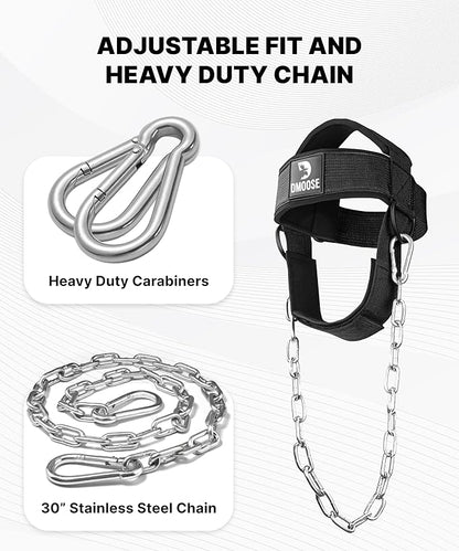 DMoose Fitness Neck Harness for Weight Lifting - Soft Padded Head & Chin Strap with 30" Heavy Duty Steel Chain - Neck Exerciser, Trainer & Strengthener to Support Injury Recovery and Intense Workouts