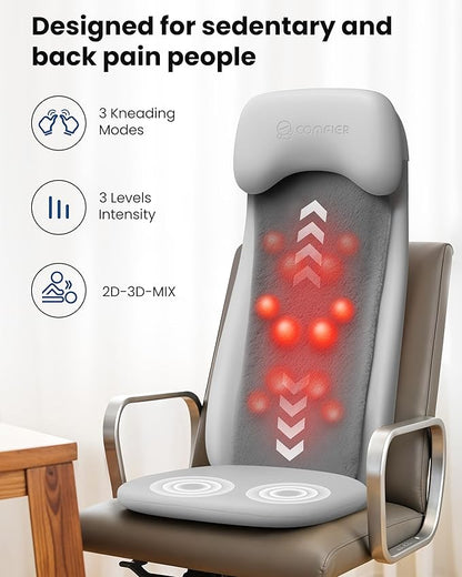 COMFIER Back Massager with Heat,2D/3D Shiatu Massage Seat Cushion,2 Auto Massage Modes,Full Back Massager with Vibration,Deep Tissue Kneading Chair Pad for Lower Waist,Gift for Men,Women