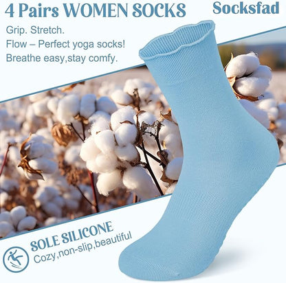 4 Pairs Pilates Socks with Grips for Women Yoga Ruffle Cute Grip Socks Pilates Non Slip Crew Ballet Hospital Workout