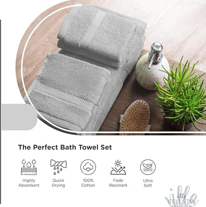 100% Cotton Bath Towel Set of 12-4 Bath Towels, 4 Hand Towels, 4 Wash Cloths, Sustainable, Soft, Highly Absorbent, Combed Cotton 12 Piece Set for Hotels, Spa, Bathroom, Dorm, Silver