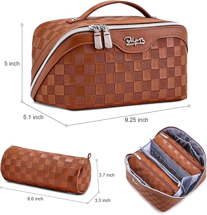 BOYATU Travel Makeup Bag Organizer Cosmetic Bag: 3 Pcs Set Make up Bags for Women with Handle - Waterproof Vegan Leather Toiletry Bags Travel Essentials Pouch with Compartments (C-10-tan)