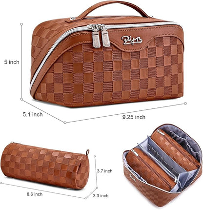 BOYATU Travel Makeup Bag Organizer Cosmetic Bag: 3 Pcs Set Make up Bags for Women with Handle - Waterproof Vegan Leather Toiletry Bags Travel Essentials Pouch with Compartments (C-10-tan)