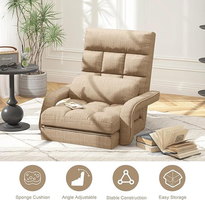 Floor Gaming Chair for Adults, 6-Position Adjustable Chaise Lounge Chair with Meditation Arm, Foldable Lazy Sofa with Pillow, Comfy Chair Indoor for Bedroom Dorm Living Room, Beige
