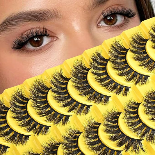 Lashes Fluffy Eyelashes Wispy False Lash Natural Mink Eyelash Strips 10 Pairs 8D Doll Eye Volume Eyelashes Reusable Thick Wispies Crossed Lash Packs Fake Strip Lashes for Women