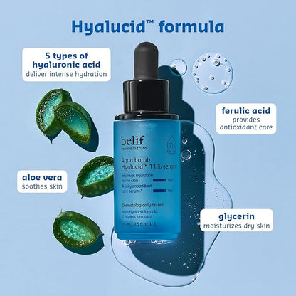 belif Aqua Bomb Hydrating Hyalucid™ 11% Serum, 5 Types of Hyaluronic Acid, Good for Dryness, Dullness, Loss of Firmness & Elasticity, Glycerin, For All Skin Types, Korean Skin Care