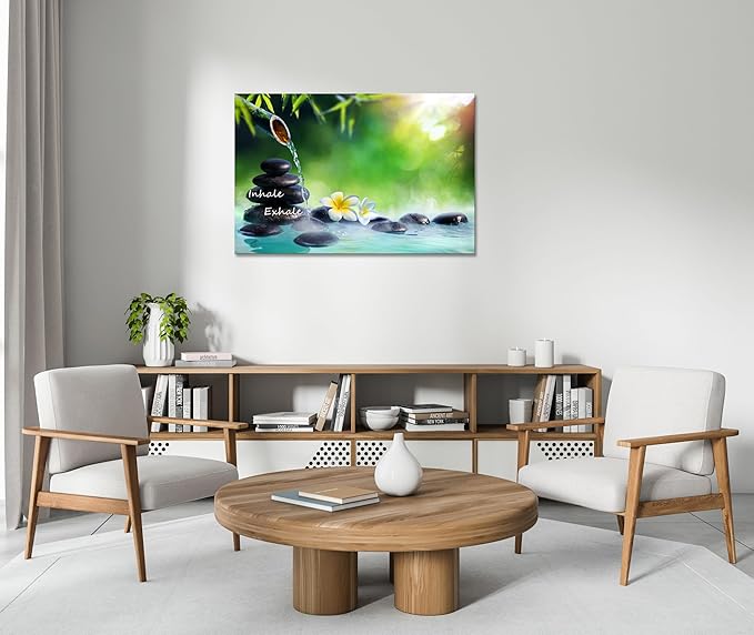 YIOZHAOFH Spa Canvas Print Art Nature Zen Painting Relaxing Bathroom Wall Art Decor White Lotus Pictures Framed Artwork Inhale Exhale Poster Office Decor for Spa Room Bedroom (12L x 16W)