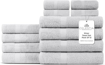 100% Cotton Bath Towel Set of 12-4 Bath Towels, 4 Hand Towels, 4 Wash Cloths, Sustainable, Soft, Highly Absorbent, Combed Cotton 12 Piece Set for Hotels, Spa, Bathroom, Dorm, Silver