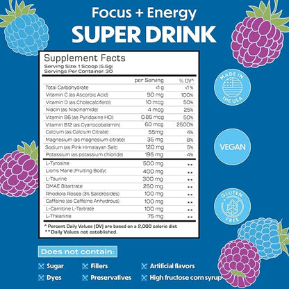 Forgge Healthy Energy Drink Mix - Clean Caffeine + B12, B6, C & D Vitamins - Sugar Free Energy Drink Powder with Electrolytes, Amino Acids, Antioxidants, Lions Mane - Vegan, Keto-Friendly - 30 SVG, Blue Raspberry